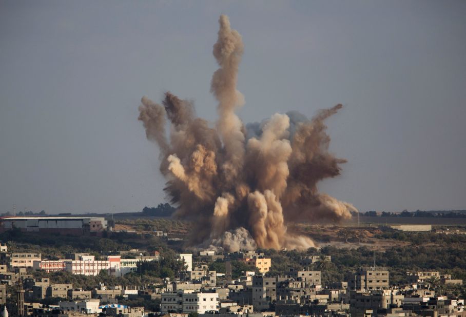 Smoke rises in Gaza City after an airstrike on Saturday, August 9. 