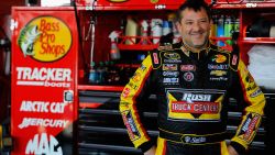 Caption:WATKINS GLEN, NY - AUGUST 08: Tony Stewart, driver of the #14 Rush Truck Centers/Mobil 1 Chevrolet, looks on in the garage area during practice for the NASCAR Sprint Cup Series Cheez-It 355 at Watkins Glen International on August 8, 2014 in Watkins Glen, New York. (Photo by Jared C. Tilton/Getty Images)
