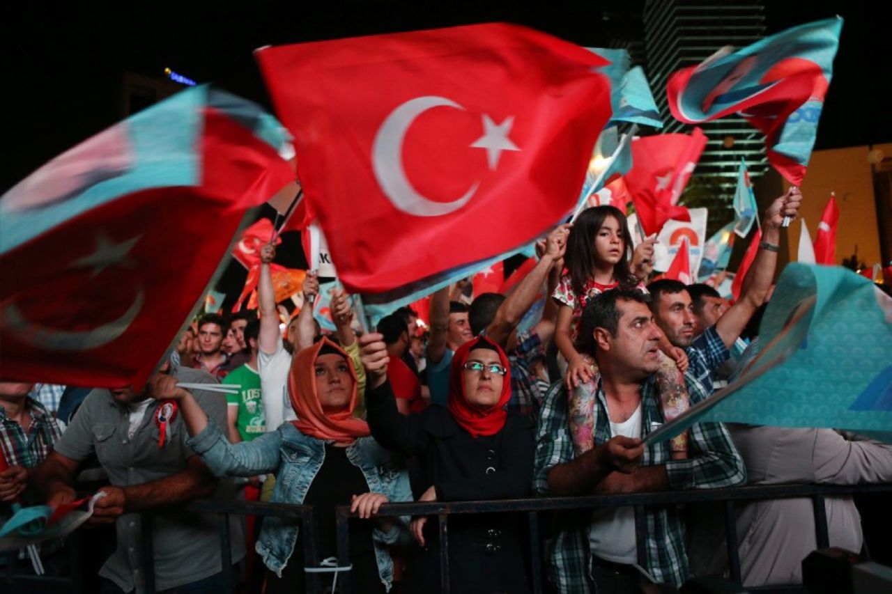 Erdogan supporters celebrate his victory in front of the AKP party headquarters in Ankara on August 10.