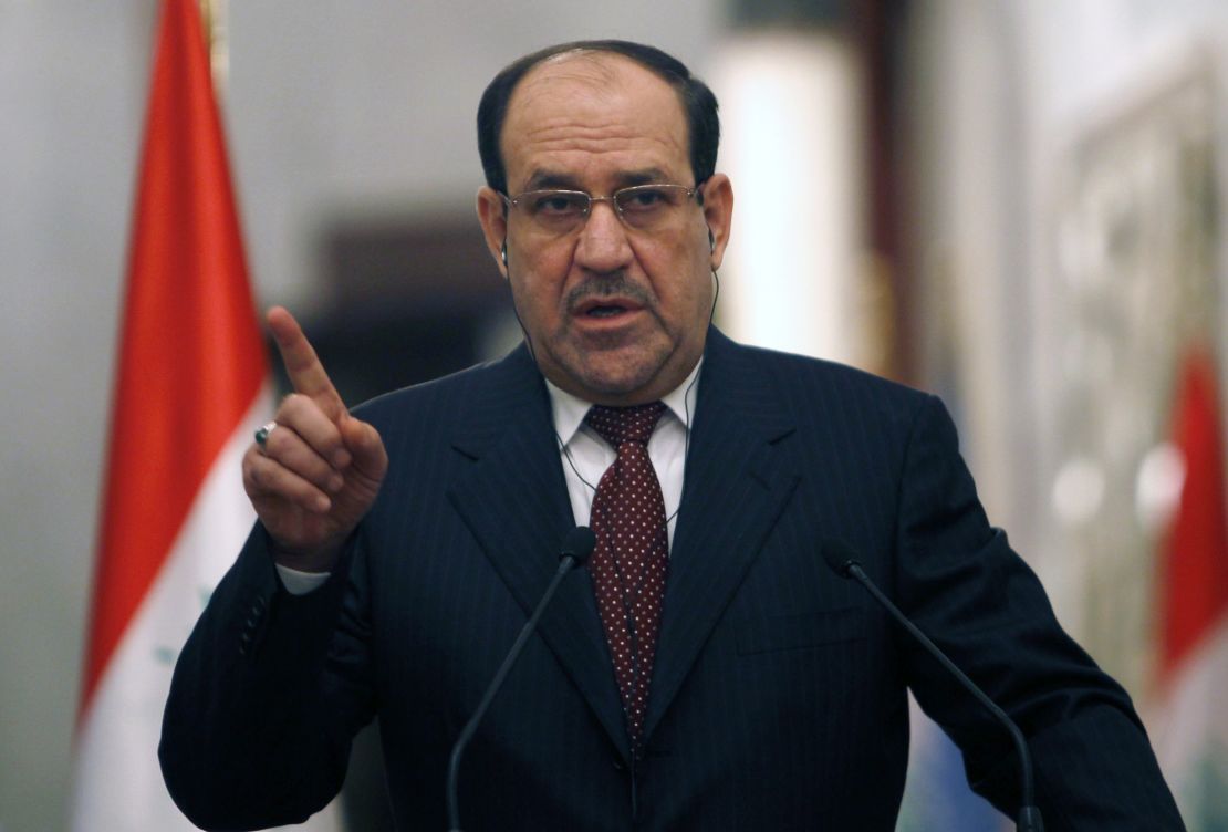 Iraqi Prime Minister Nuri al-Maliki gives a joint press conference with United Nations Secretary-General Ban Ki-Moon (unseen) in Baghdad about the situation in Iraq and Syria on January 13, 2014.