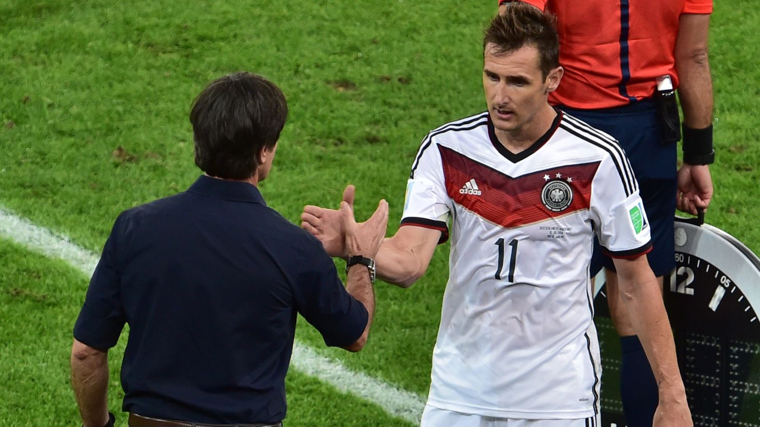 Miroslav Klose (right) scored 16 goals in four World Cup finals for Germany including two at Brazil 2014. 
