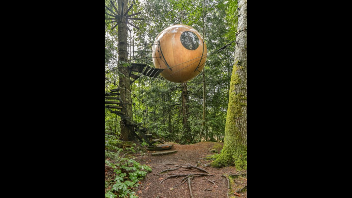 <em>Free Spirit Spheres, Canada </em><br /><em></em>Hanging like wooden baubles in the temperate rainforest of Vancouver Island off the West coast of Canada, these spherical tree houses are designed to give a luxurious and sustainable forest experience<br />Each sphere is hand crafted and takes about three years to build. They use bio-mimicry, in this case taking their inspiration from nutshells, to create a tree house than can safely be suspended from ropes in the canopFree Spirit founder Tom Chudleigh writes: "Our long range goal is to protect old growth forests ... we want to keep the footprint light enough so that it doesn't degrade the forest"