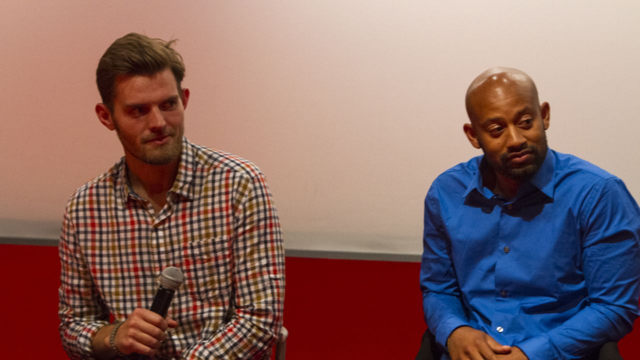 Garrett Combs, left, and Delon Beckett this month at a screening of "The War Comes Home."