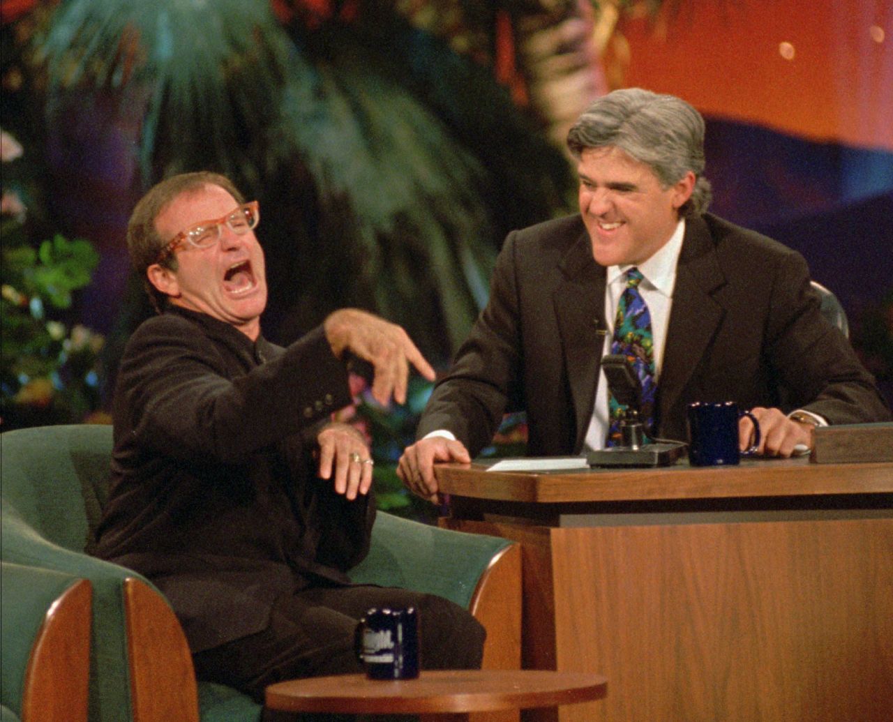 Jay Leno laughs as Williams jokes around during a taping of "The Tonight Show with Jay Leno" on November 13, 1995, at the MGM Grand Hotel in Las Vegas.