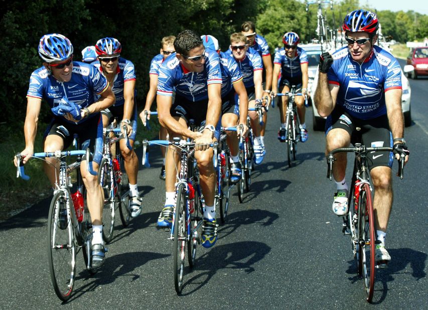 Williams (far right) rides with Lance Armstrong's U.S. Postal team during a rest day at the 2002 Tour de France. 