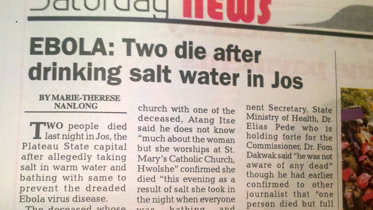 A newspaper headline shows the dangers of false information being spread in Nigeria about Ebola treatments.