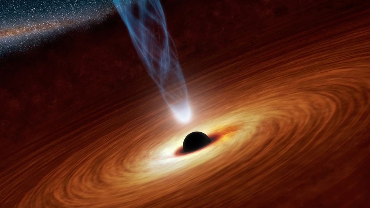 NASA says "The regions around supermassive black holes shine brightly in X-rays. Some of this radiation comes from a surrounding disk, and most comes from the corona, pictured here as the white light at the base of a jet. This is one possible configuration for a corona -- its actual shape is unclear."