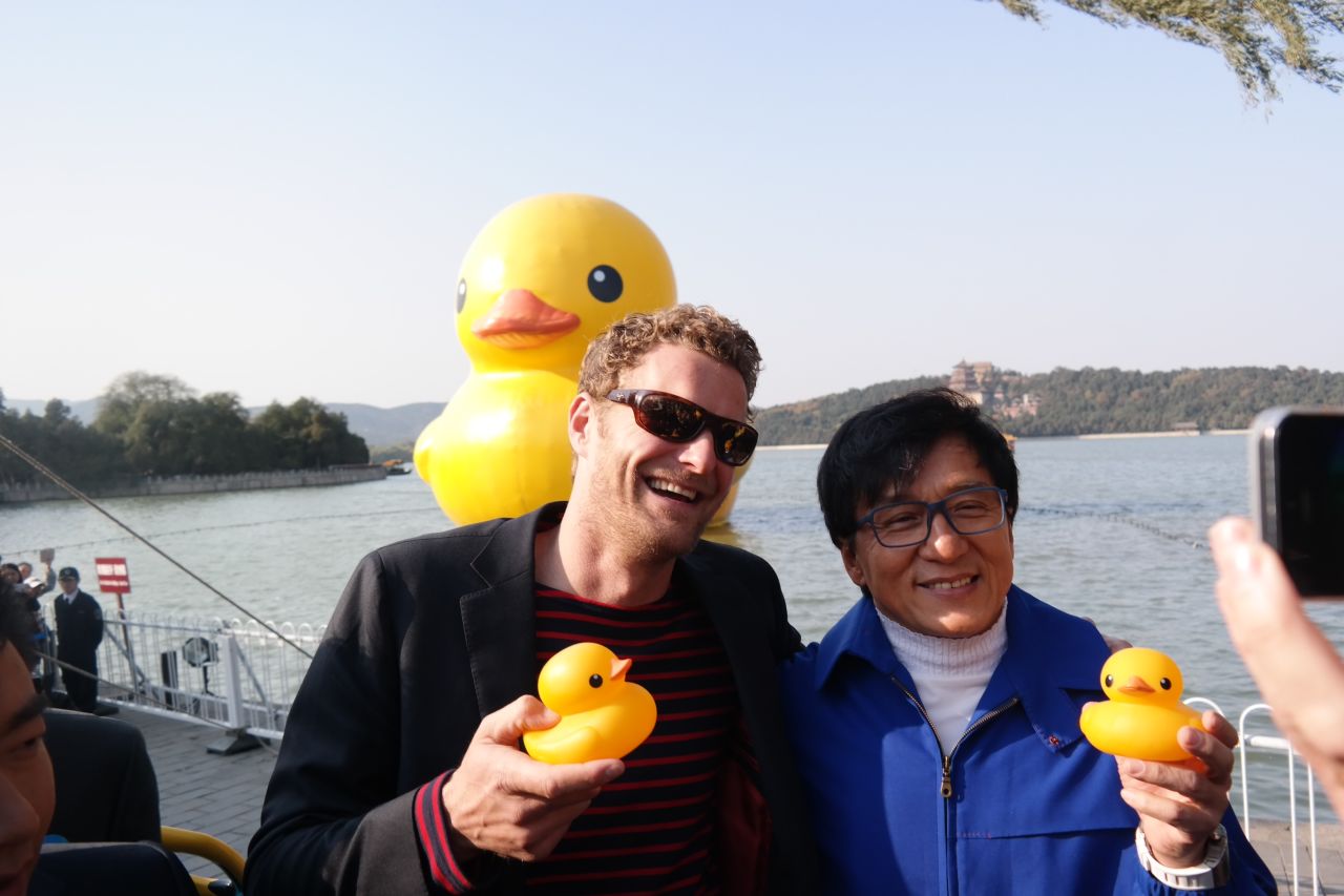 The artist has garnered celebrity fans. Jackie Chan joined Hofman in Beijing to throw a farewell party for the popular duck when it left to float on to another city.