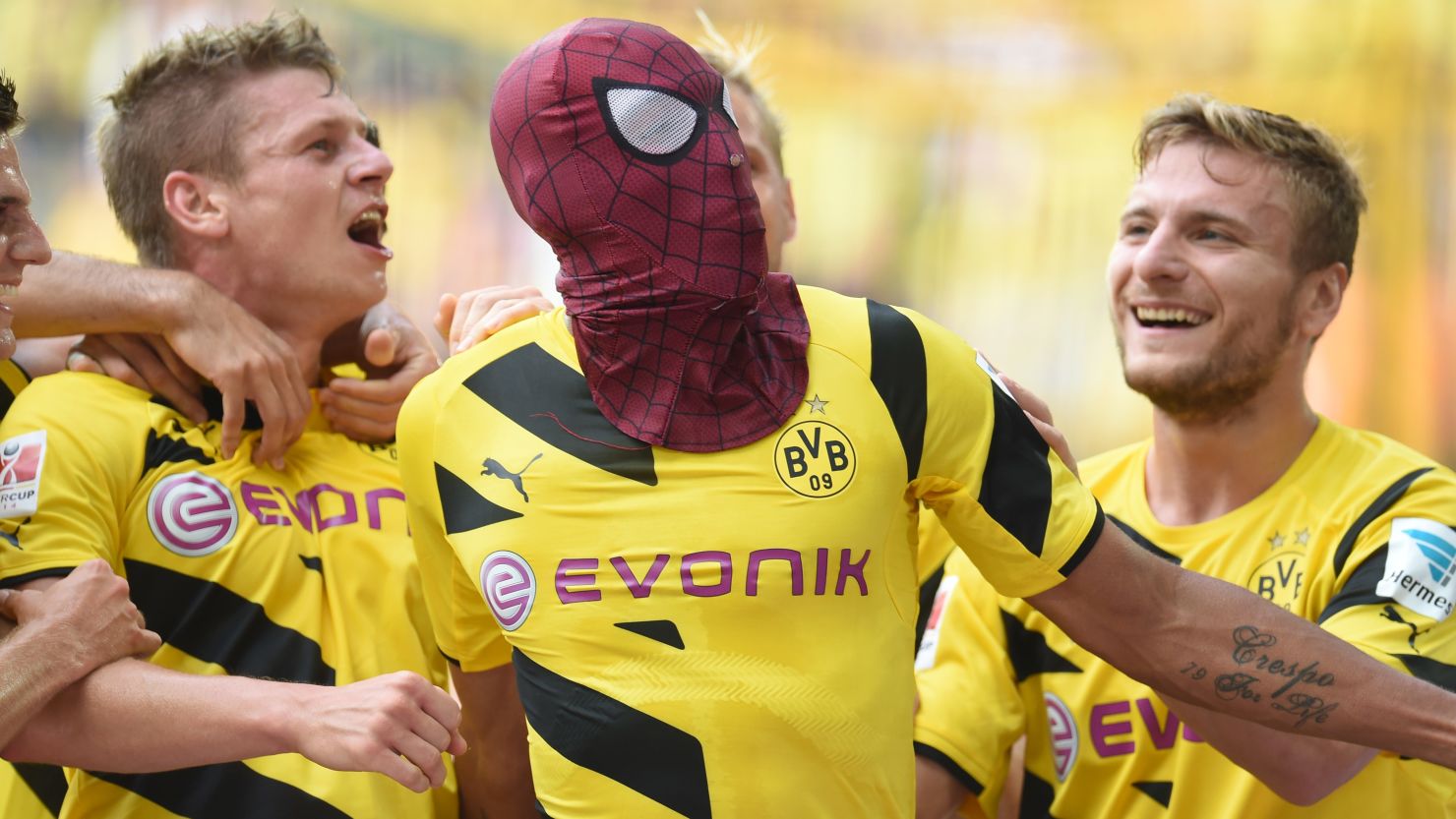 Pierre-Emerick Aubameyang pulled on a Spider-Man mask after scoring Dortmund's second of the game.