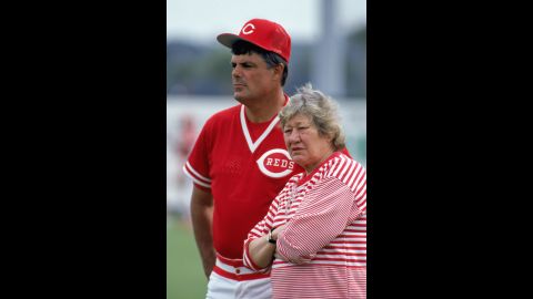 The late owner of the Cincinnatti Reds, Marge Schott, with former manager Lou Piniella in 1990 at spring traning.