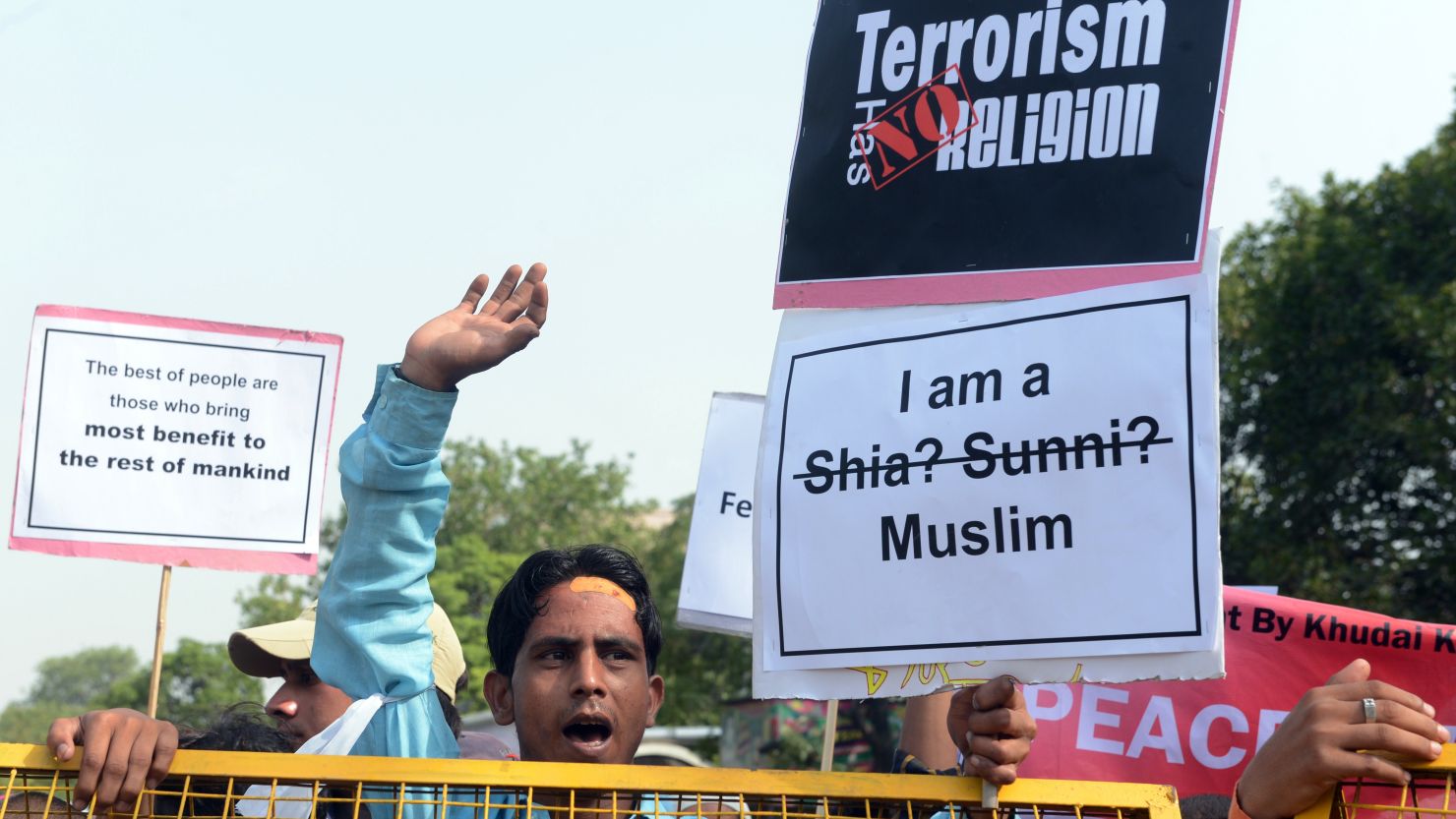 A protest in New Delhi, India, calling for unity among Muslims following violence in Iraq. June 27.