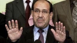 In this Friday, March 26, 2010 file photo, Iraqi Prime Minister Nouri al-Maliki speaks to the press in Baghdad, Iraq.