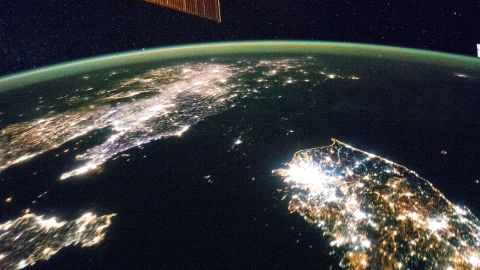 North Korea is barely lit when juxtaposed with neighboring South Korea and China.