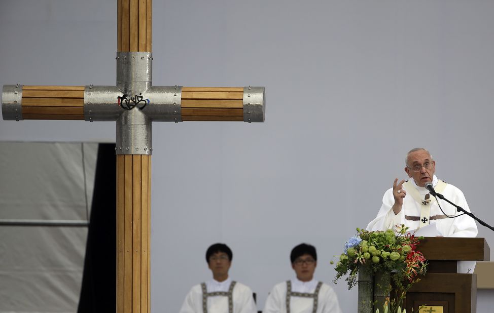 Francis delivers his message as he celebrates Mass in Haemi on August 17.