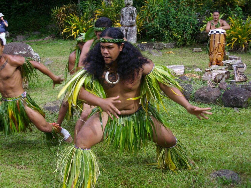 Visits to the French Polynesian island of Hiva Oa usually include a tribal dance in grass skirts.