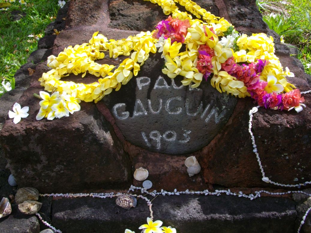 The grave of French post-Impressionist artist Paul Gauguin rests at Calvary Cemetery on the island of Hiva Oa.