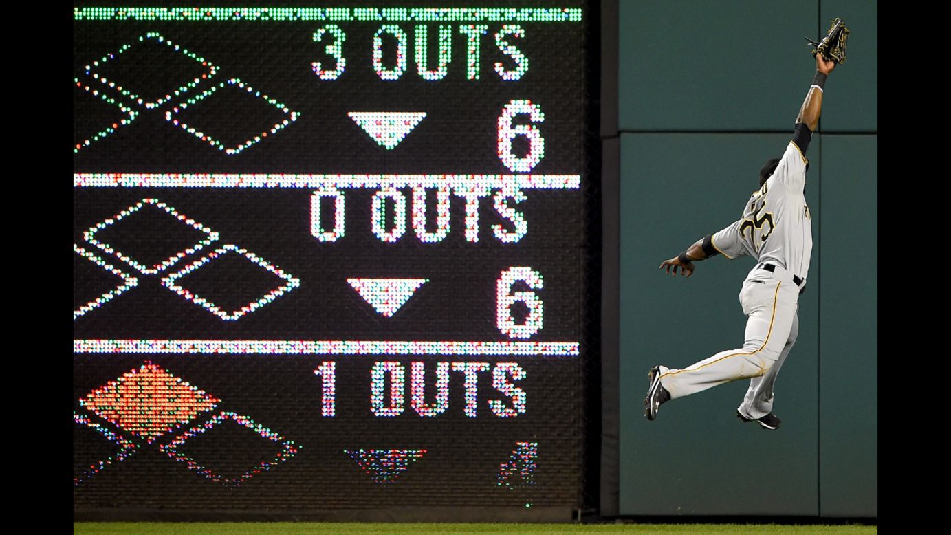 Gregory Polanco of the Pittsburgh Pirates makes a leaping catch Friday, August 15, in Washington.