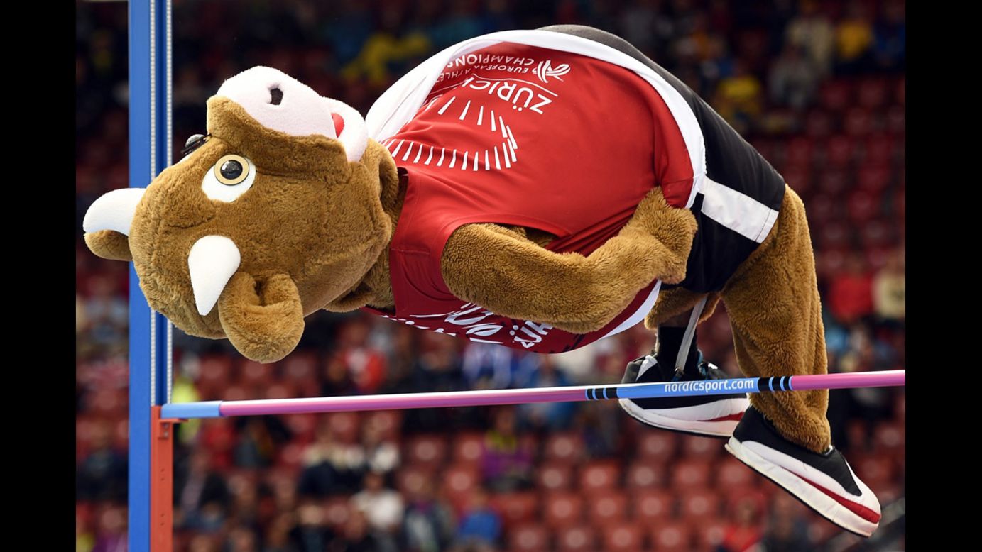 Cooly the mascot performs a high jump Thursday, August 14, at the European Athletics Championships in Zurich, Switzerland.