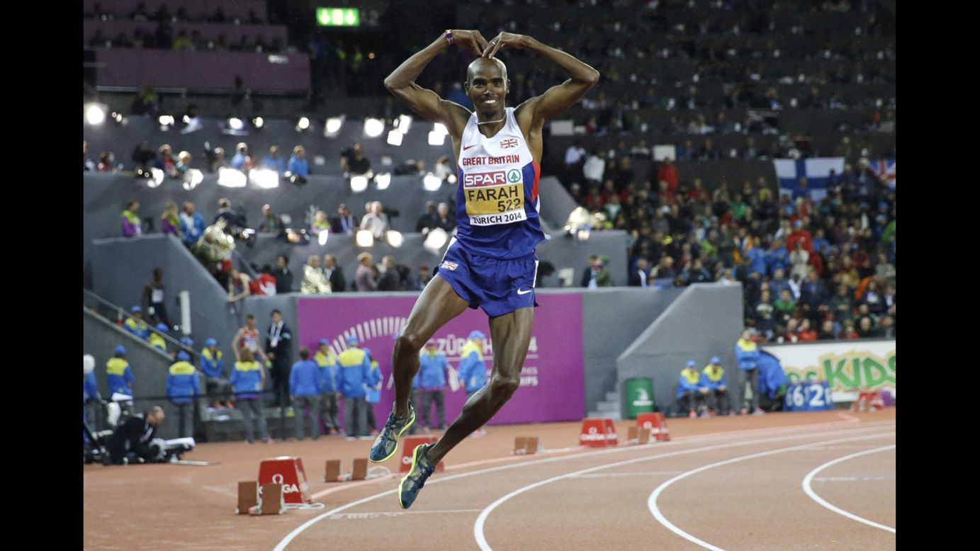 Mo Farah of Great Britain dances after winning the gold medal in the 10,000 meters Wednesday, August 13, at the European Athletics Championships in Zurich, Switzerland.