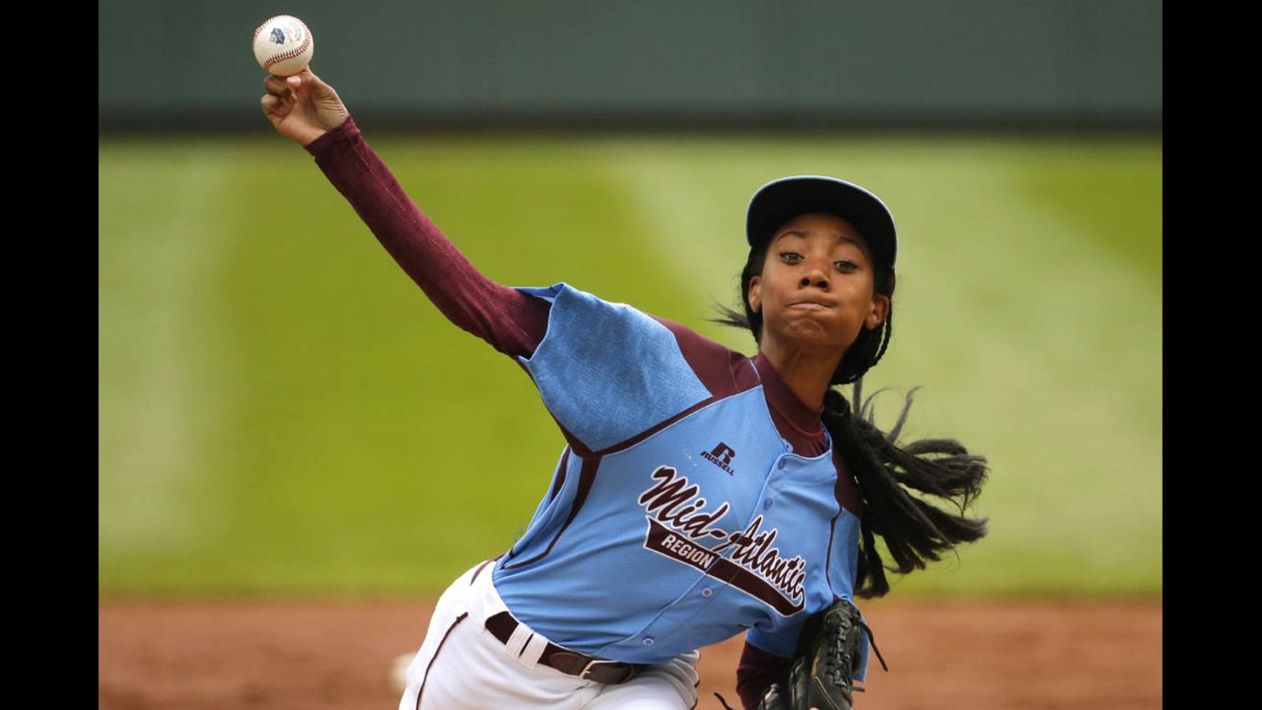 Philadelphia pitcher Mo'ne Davis delivers a pitch Friday, August 15, at the Little League World Series in South Williamsport, Pennsylvania. The 13-year-old became the first girl to ever throw a shutout in the Little League World Series.