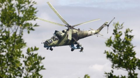 An Ukrainian helicopter flies near Kramatorsk on August 19.