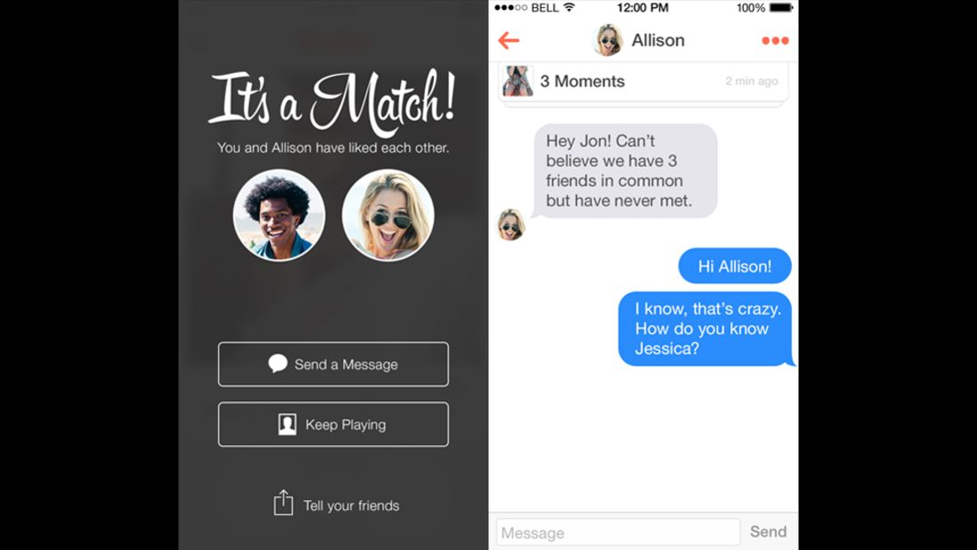Fast-growing app Tinder lets users build profiles by importing photos and interests from their Facebook accounts. The app will then produce nearby matches -- possibly even down your street or across the bar -- fitting your search criteria. Users swipe right if they're interested and left if they want to reject the match. If both parties swipe right, "it's a match!" and they can communicate from there.
