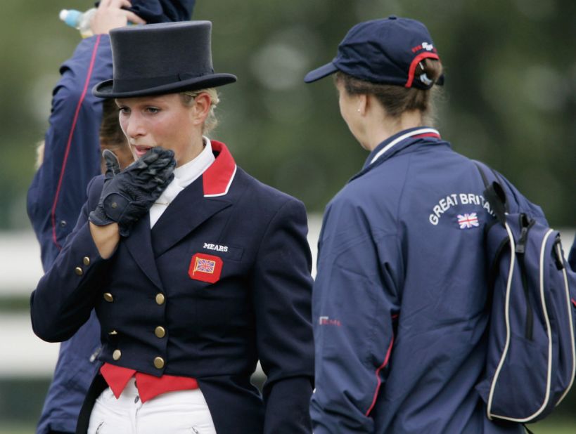 The same year Zara Phillips, granddaughter of Britain's Queen Elizabeth, won the eventing world title. Here, she talks to her mother -- Princess Anne -- following the dressage section of the contest.