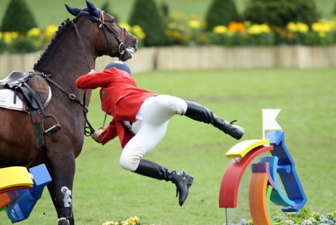 Not all eventers have it so lucky -- expect more tumbles like this one endured by Colombian rider Manuel Torres. If you fall during the cross-country phase, you are eliminated from the tournament.