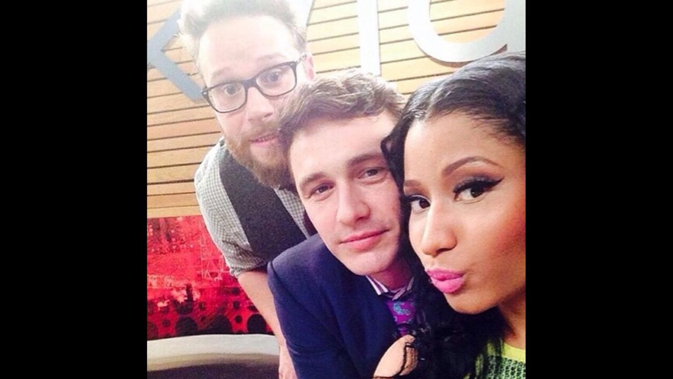 Actor James Franco, center, poses with rapper Nicki Minaj and actor Seth Rogen in this <a href="http://instagram.com/p/r0J7v3y9UD/" target="_blank" target="_blank">Instagram selfie</a> Sunday, August 17. Franco and Rogen star in the film "The Interview," which will be released later this year.  