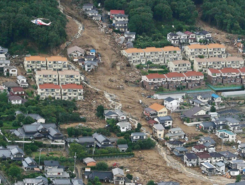 This aerial view shows damage caused by the landslide, which killed at least 27 people, authorities said on August 20. They fear the death toll could be much higher.