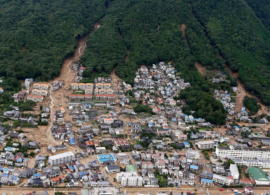 This aerial view shows the damage caused by a landslide after heavy rains hit the city of Hiroshima, Japan, on Wednesday, August 20.