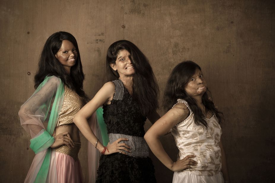 The clothes were designed by Rupa (R), 22, who survived an acid attack when she was 15. 