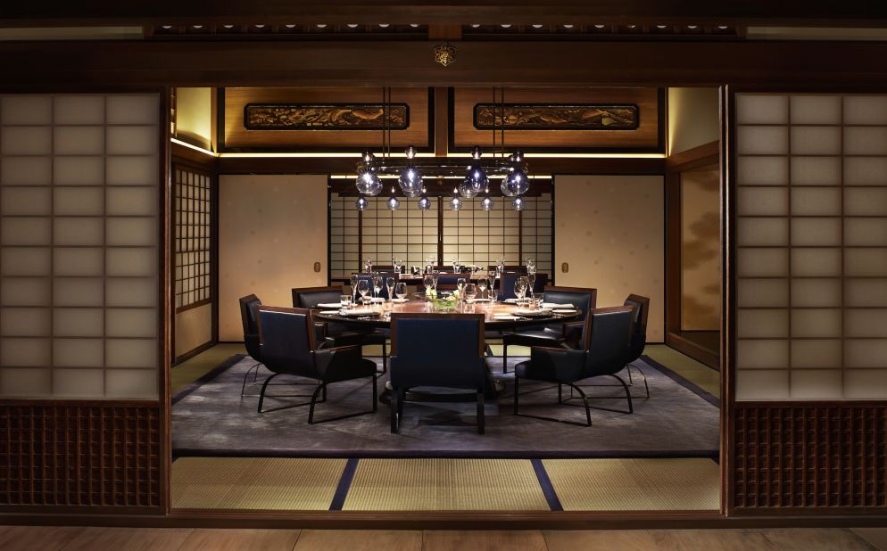 The private dining room inside Ritz-Carlton, Kyoto's Italian restaurant La Locanda is part of an actual townhouse. Once owned by Denzaburi Fujitia, founder of the Fujita industrial group, designers reassembled it inside the restaurant. 