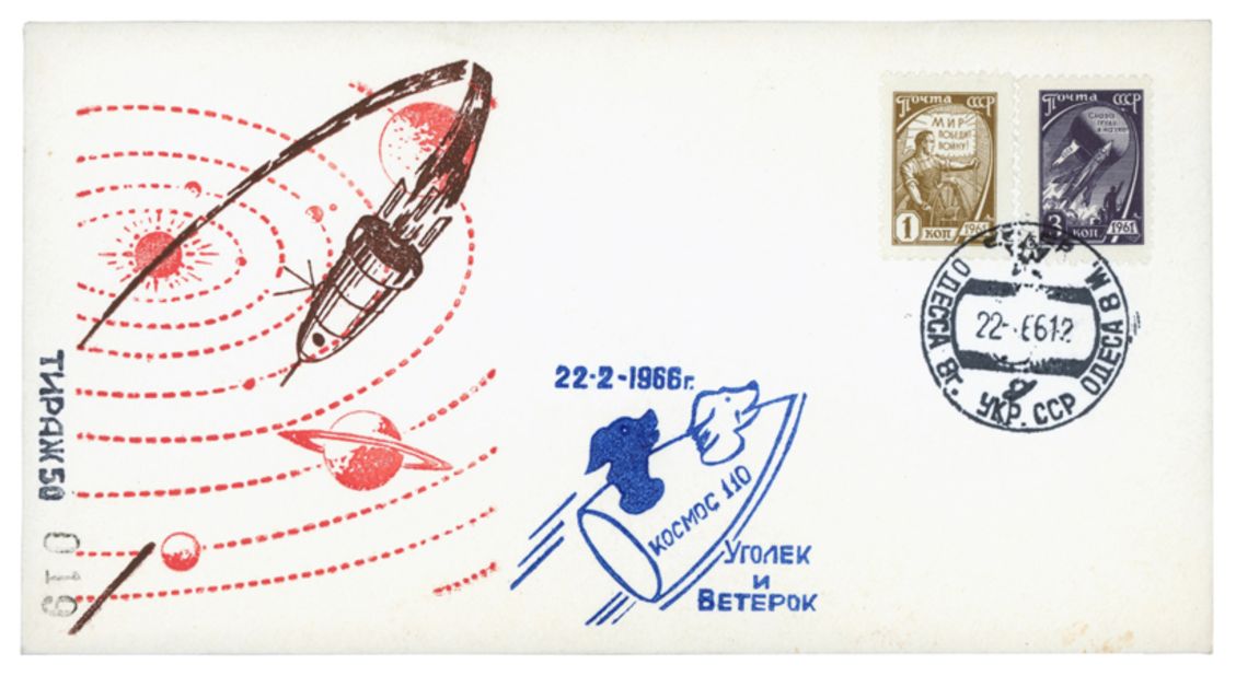 A USSR-era envelope (1966) with a cartoon version of the dogs in their spaceship.