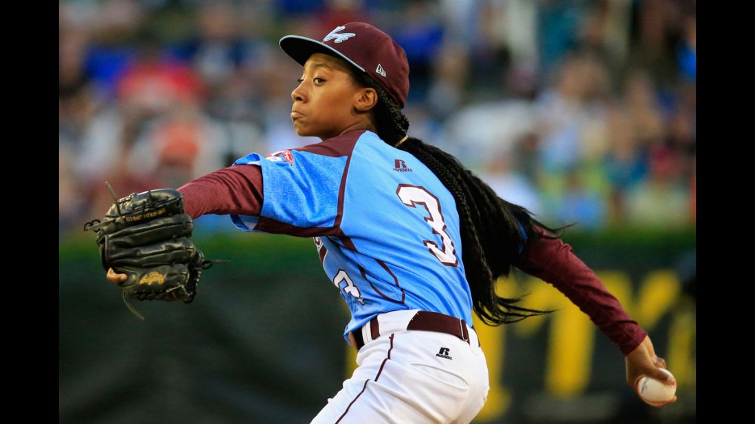 Mo'ne Davis of Pennsylvania pitches to a Nevada batter during the first inning of the United States division game at the Little League World Series at Lamade Stadium on Tuesday, August 20,  in South Williamsport, Pennsylvania. 