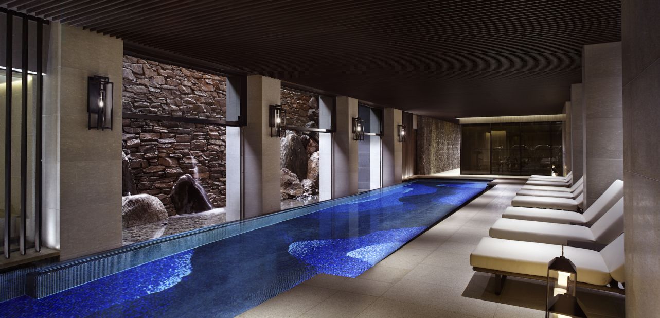 The Ritz-Carlton, Kyoto's design includes a three-tier waterfall that stretches down a wall through several elements of the property, including Mizuki restaurant. It ends in the basement swimming pool. 