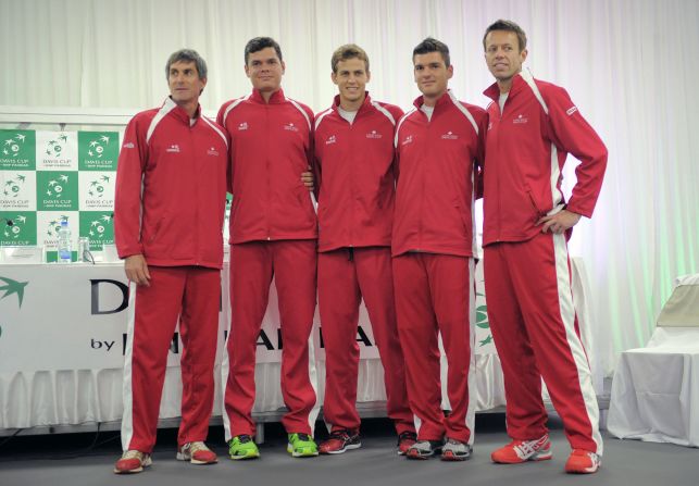 Raonic, Pospisil and Nestor are likely to be playing at the year-end championships, in either singles or doubles, just like Bouchard. The trio are seen here ahead of a Davis Cup series, joined by captain Martin Laurendeau, far left, and Frank Dancevic, second from right.