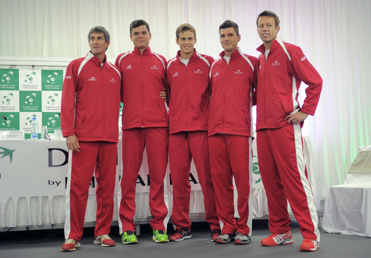 Raonic, Pospisil and Nestor are likely to be playing at the year-end championships, in either singles or doubles, just like Bouchard. The trio are seen here ahead of a Davis Cup series, joined by captain Martin Laurendeau, far left, and Frank Dancevic, second from right. 