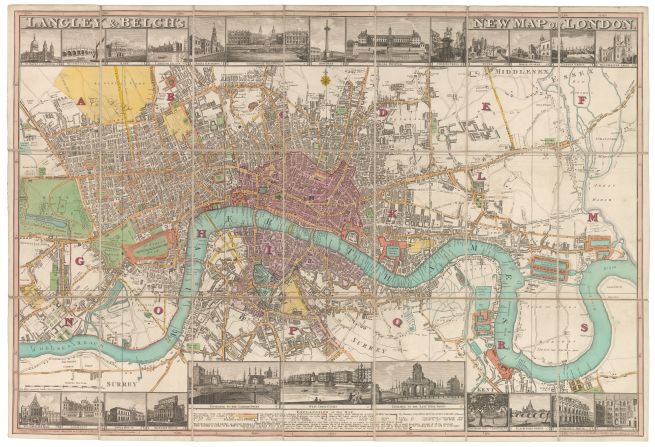 <strong>London expands</strong><br />Edward Langley and William Belche's 1812 map features illustrated views of prominent London buildings, including the newly opened docks, along the top and bottom of the map. It is clear that the industrial revolution is in full swing, and London is proudly growing towards the state in which it exists today.<br /> <br />The expansion was clearly happening at a rapid pace. Areas like Tavistock Square in Bloomsbury are marked out but not filled in, as they had been proposed but not yet been constructed.