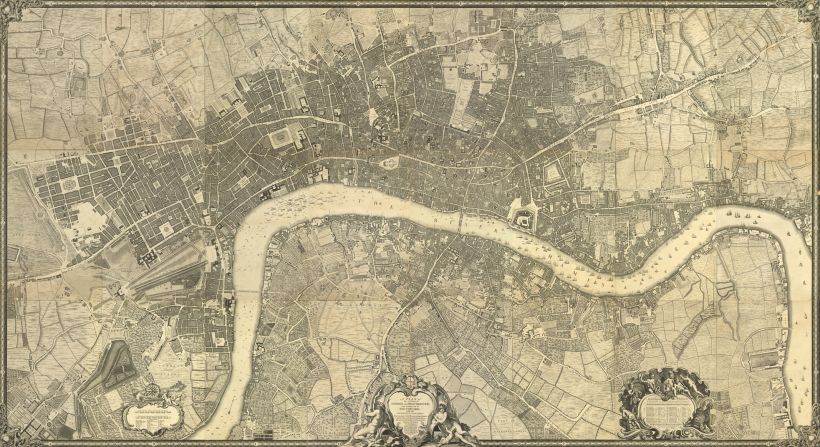 <strong>Royal London</strong><br />This map, created by the Hugenot John Rocque in 1746, was the first large-scale survey of the city. Unlike the maps that came before, it was not just a pictorial map. Instead, it portrayed the buildings in correct proportion to each other, and marked a shift towards objective, scientific mapping. <br /><br />Those with sharp eyes might be able to make out a fleet of boats drawn on the Thames, headed by the Royal Barge. This is an unmistakable gesture of patriotic fervor on behalf of the French immigrant who had sought refuge in Britain, and shows how little British culture has changed: it calls to mind the Royal flotilla that sailed down the Thames to celebrate the Queen's Diamond Jubilee in 2012.
