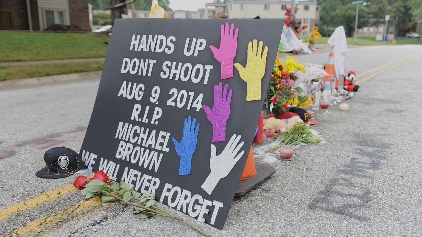 A memorial setup in the place on August 17, 2014 where Michael Brown Jr. was killed in Canfield Apartments in Ferguson, MO.