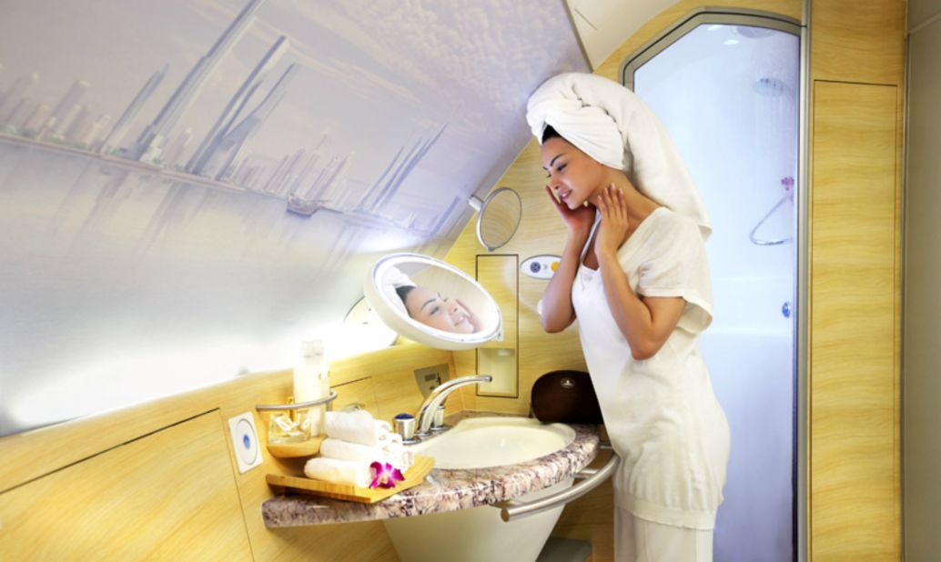 Emirates was the first to install first-class cabins with sliding doors for privacy. Cabins come with a personal minibar, vanity table, mirror and wardrobe. 