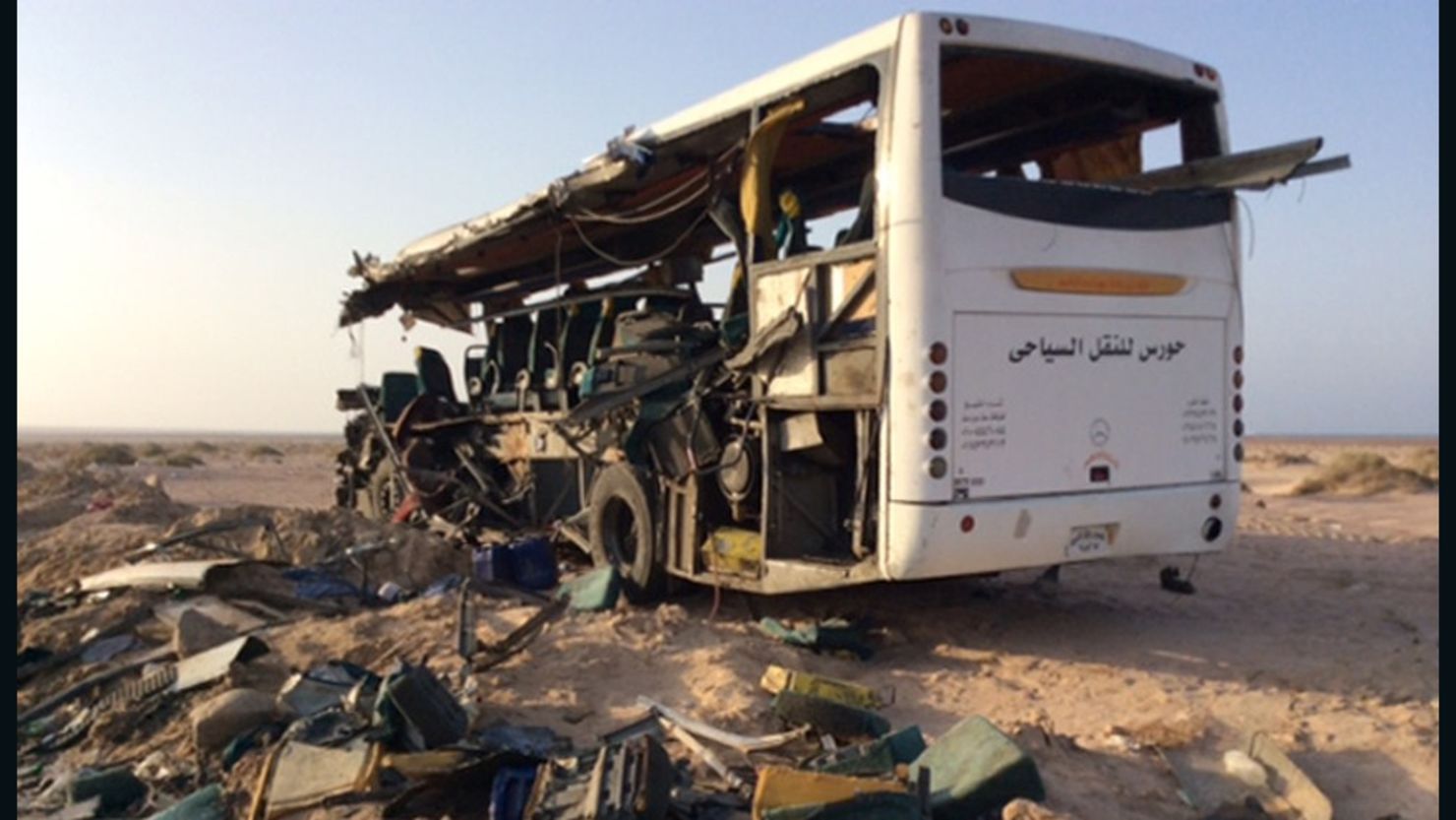 The wreckage of a bus after two tourist buses collided in northeastern Egypt, on August 22, 2014.