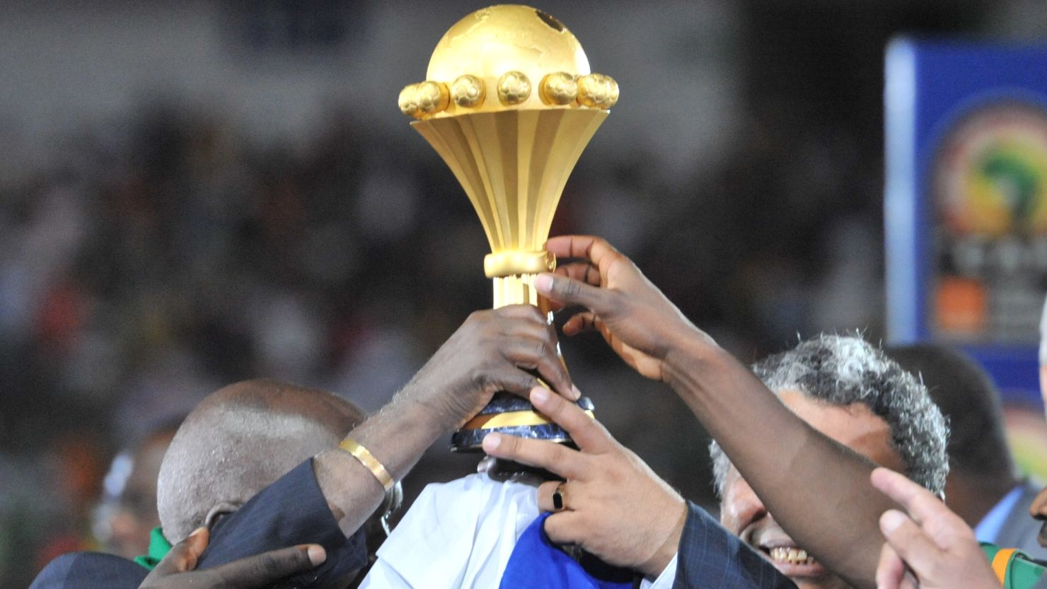 The African Cup of Nations trophy held aloft by 2012 winners, Zambia.