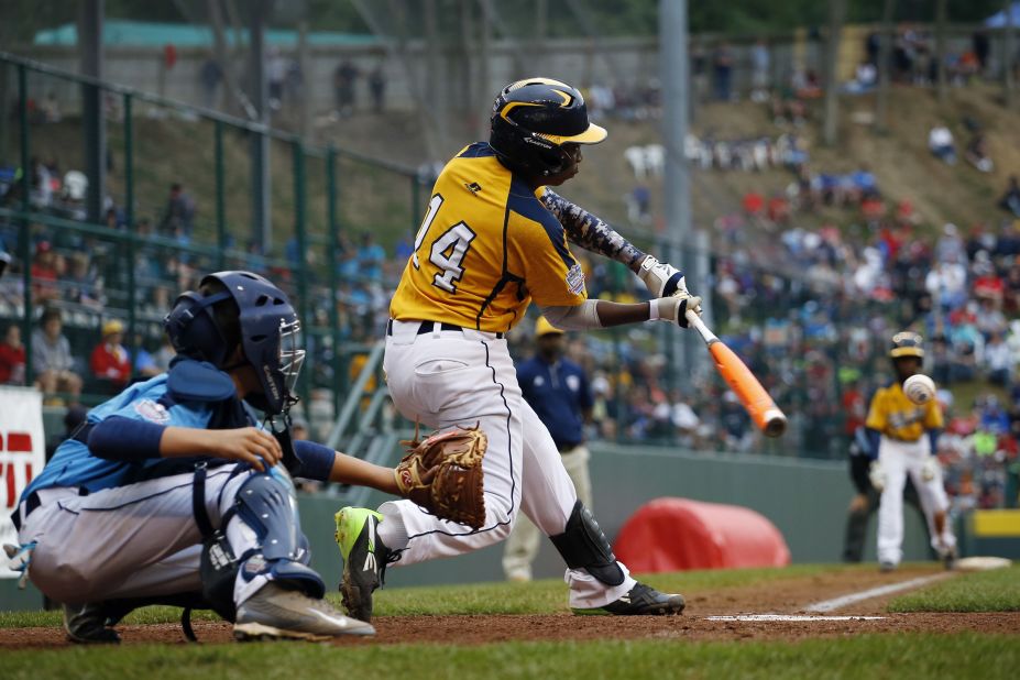 Chicago's Brandon Green drives the ball in the fifth inning of the U.S. championship baseball game against Las Vegas at the Little League World Series on Saturday, August 23, in Williamsport, Pennsylvania. Chicago won 7-5 and will face the international champion, South Korea, for the world championship.