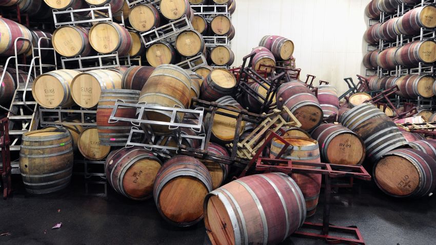 Barrels are strewn about inside the storage room of Bouchaine Vineyards in downtown Napa, California on August 24.