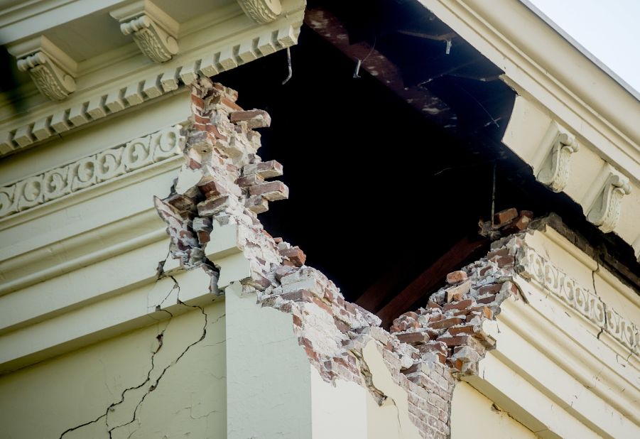 A corner of the historic Napa County courthouse sits exposed following the earthquake on Sunday, August 24.