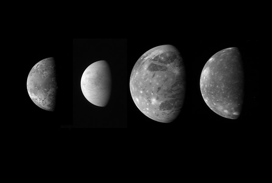 On its way to Pluto, New Horizons snapped these photos of Jupiter's four large "Galilean" moons. From left is Io, Europa, Ganymede and Callisto.