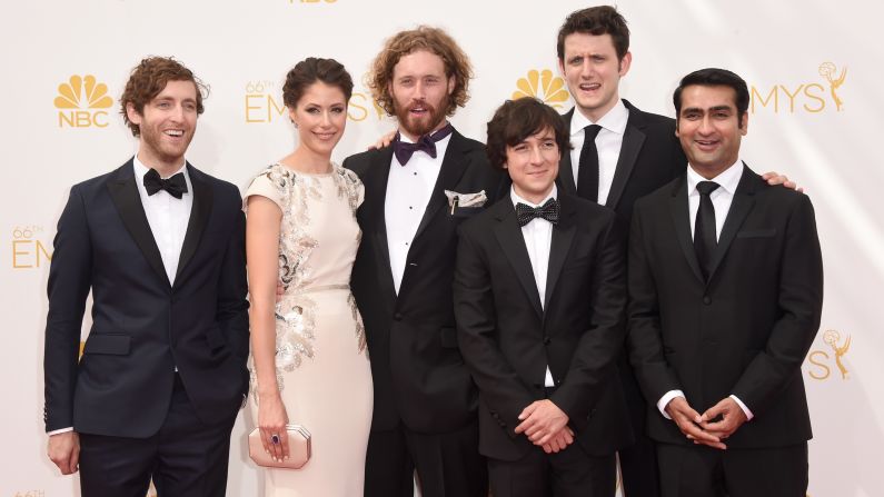 From left, Thomas Middleditch, Amanda Crew, T.J. Miller, Josh Brener, Zach Woods and Kumail Nanjiani (cast of "Silicon Valley").