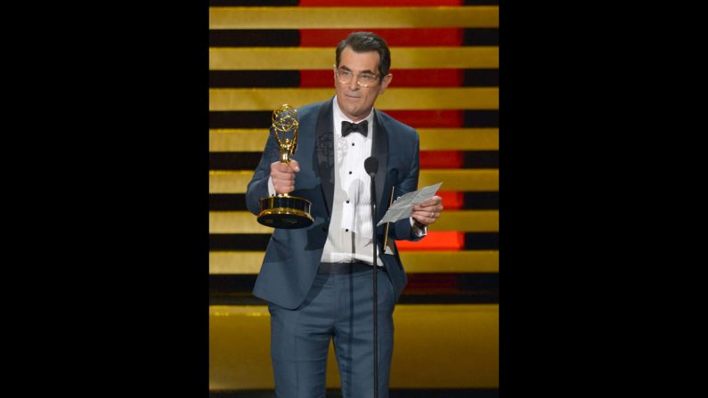 "Modern Family's" Ty Burrell won the first award of the night, and accepted his Emmy for outstanding supporting actor in a comedy with a speech supposedly written by his kid co-stars. "I also want to thank my two children that I bring to set sometimes," Burrell read from his mock (or so we assume) speech. "They are definitely cute. They are just not 'I can support my whole family' cute."